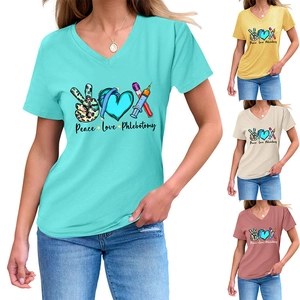 Detail showing Peace Love Phlebotomy prints in four different colors on V-neck t-shirts