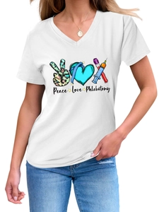 Detail of V-neck white cotton T-shirt featuring Peace Love Phlebotomy medical print