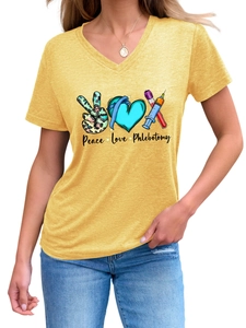 Close-up of yellow V-neck T-shirt with Peace Love Phlebotomy medical heart and needle print