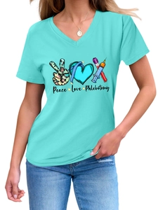 Close-up of V-neck T-shirt with Peace Love Phlebotomy leopard print and medical graphic
