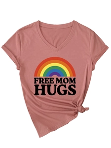 Detail of Free Mom Hugs rainbow print on pink V-neck T-shirt with stylish knot detail