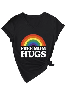 Detail of V-neck black cotton t-shirt with rainbow print and free mom hugs slogan with knot