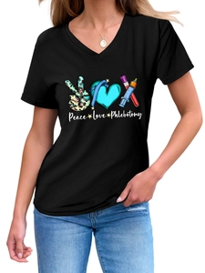 Detail of V-neck T-shirt showing Peace Love Phlebotomy print with medical syringe design