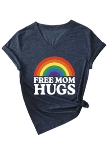 Detail of Free Mom Hugs V-neck T-shirt with rainbow print and knot tie hem