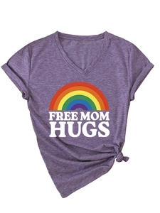 Detail of Free Mom Hugs purple V-neck t-shirt with rainbow print and stylish knotted hem