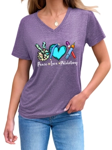 Detail of Peace Love Phlebotomy print on a purple V-neck short sleeve T-shirt