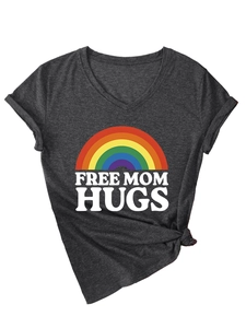 Detail of Free Mom Hugs V-neck T-shirt in dark grey with a rainbow print and tied hem