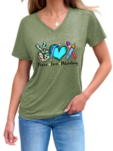 Detail of V-neck heather green T-shirt with Peace Love Phlebotomy medical print