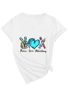 Close-up of Peace Love Phlebotomy graphic print on white V-neck short sleeve T-shirt