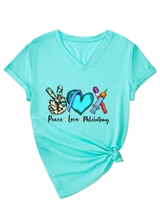 Detailed view of Peace Love Phlebotomy print on a V-neck t-shirt with knotted hem