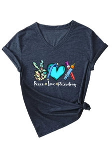 Detail of Peace Love Phlebotomy print and knot on a V-neck dark heather grey T-shirt