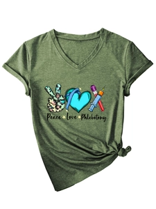 Detail of army green V-neck T-shirt with Peace Love Phlebotomy medical theme print