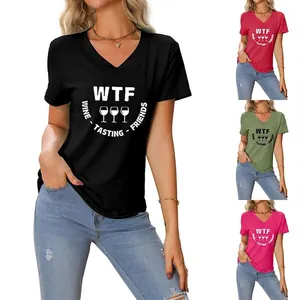 T-Shirt à Manches Courtes Col en V pour Femmes Décontracté WTF Wine Tasting Friends Imprimé Haut Ample en Mélange de Coton