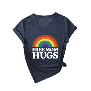 Women's V-neck T-shirt with rainbow Free Mom Hugs print and side knot detail