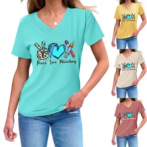Women V-Neck Short Sleeve T-Shirt Peace Love Phlebotomy Print Leopard Heart Medical Nursing Professional Cotton Polyester Top