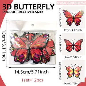 Size chart for 12pcs 3D red butterfly wall stickers with detailed dimensions in cm and inches