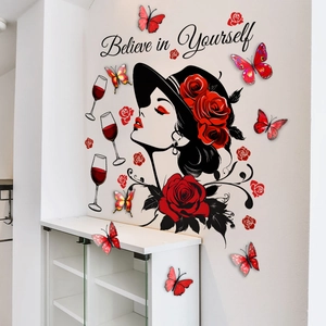 Detail of elegant woman silhouette wall sticker with red roses and butterfly accents