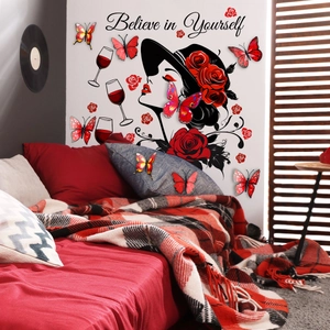 Motivational Lettering Wall Stickers Red Butterfly Rose Flower Decor PVC Self-Adhesive Removable Decal For Girls Bedroom Home Art Mural