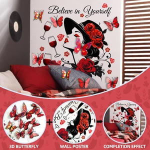 Bedroom wall decor set featuring red 3D butterflies and inspirational girl wall stickers