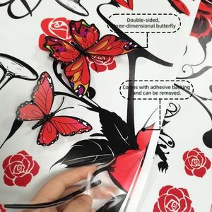 3D red butterfly and rose wall stickers with double-sided design and adhesive backing