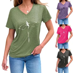 T-Shirt Femme Mélange Coton Imprimé Graphique Libellule Warrior Col V Manches Courtes Haut Mode Été Décontracté