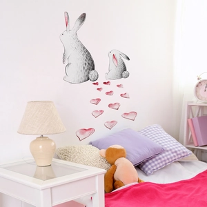 Cartoon bunny and pink heart wall stickers for kids' bedroom wall decor with watercolor style