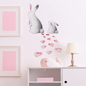 Watercolor bunny and pink hearts wall decals for cozy kids room nursery wall decoration