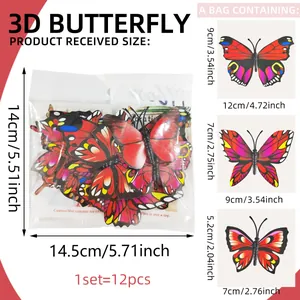 Set of 12 red 3D butterfly wall stickers in various sizes for home decoration