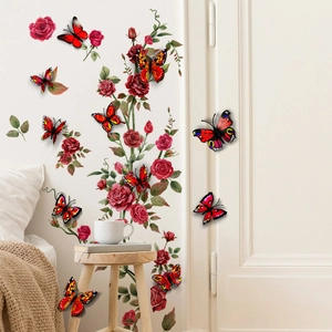 Wall decals with 3D red butterflies and romantic red rose floral vines for home decoration