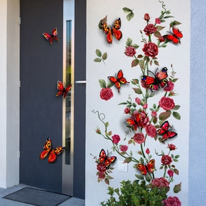 3D red rose vine wall stickers with vibrant lifelike butterflies for home wall decor