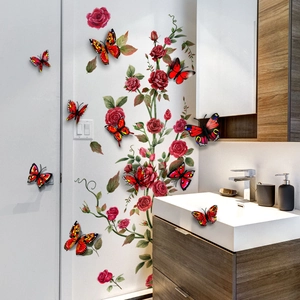3D red butterfly wall stickers with rose floral vine decals for modern home wall decor