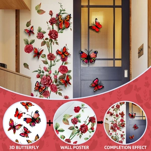 Detail showing 3D butterfly stickers and red rose vine wall decals with 3D shadow effects