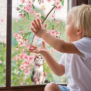 Pegatinas estáticas para ventanas con cerezos y gatos en cristal con un niño