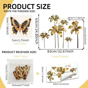 Gold butterfly wall sticker set with lily floral pattern size guide and dimensions