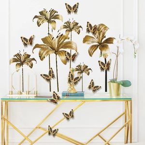 Golden Wall Stickers Metallic PVC Flower Decals With Three-Dimensional Butterflies For Living Room Bedroom Modern Home Decor