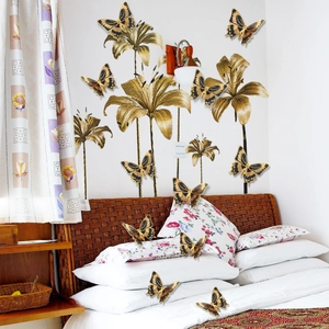 3D gold butterfly wall stickers and floral decals for elegant home bedroom decoration