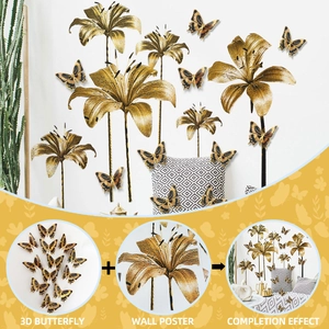 Golden 3D butterfly and floral wall stickers set for creative home interior decoration