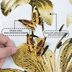 Macro detail of 3D butterfly wall sticker with gold edges and double-sided design