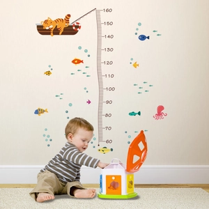 Cartoon ocean world height chart wall sticker featuring cat and fish for nursery decor