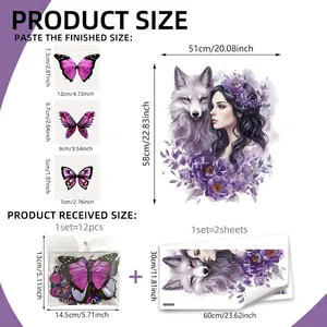 Purple fantasy girl and fox wall decal set with 3D butterflies and size dimensions