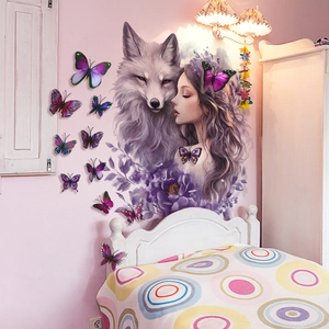 Wall Stickers Fantasy Purple Girl Wolf Flower Decorative Decals With Butterflies Removable PVC For Bedroom Living Room