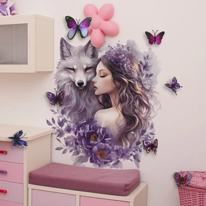 Dreamy purple girl and fox wall decal set with 3D purple butterfly stickers for room decor