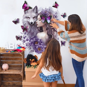 Gothic purple wolf and beauty wall decals set with 3D butterflies for home decoration