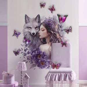 Gothic purple fairy and wolf wall sticker with 3D butterflies for home decor