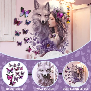 3D purple butterfly stickers and artistic girl wall poster for home decoration