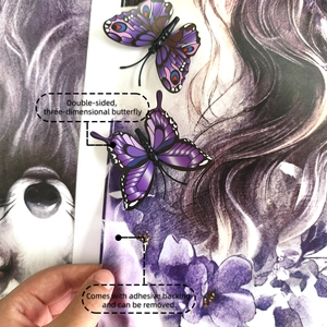 Detail showing 3D double-layered purple butterfly wall decals with adhesive backing