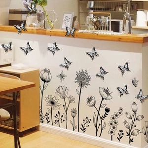 Minimalist black dandelion flower wall decals with 3D butterflies for home kitchen decor