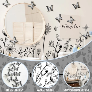 Detail showing 3D butterfly ornaments and minimalist floral wall sticker set