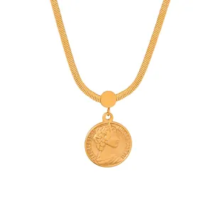 Vintage Round Coin Portrait Pendant Necklace 18K Gold Plated Titanium Steel Snake Chain For Women Light Luxury Daily Jewelry