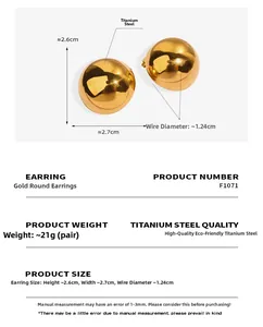 Detailed size specifications of hollow gold dome earrings in polished titanium steel